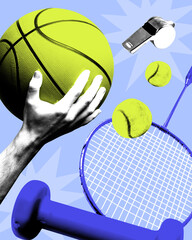 Conceptual art collage. Blue dumbbell, basketball, hand, whistle and tennis gear in minimalist bold layout. Pop art style. Textured effect. Concept of gym training, sport event, movement. Ad