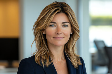 Fototapeta premium Confident businesswoman standing in a modern office, embodying professionalism and leadership in a corporate environment.