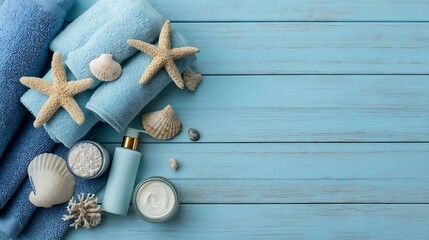Summer coastal spa flatlay with tropical elements, starfish, shells, towels, and body care products on a light blue plank surface, minimalist layout with empty top portion for message placement,