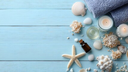 Plakat Top-down view of summer spa flatlay with seashells, white stones, starfish, candles, and essential oils on a pastel blue wooden background, clean composition with empty space in the center for