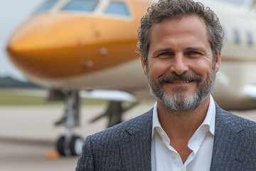 Smiling businessman stands confidently in front of a luxury private jet, showcasing modern success and executive lifestyle.