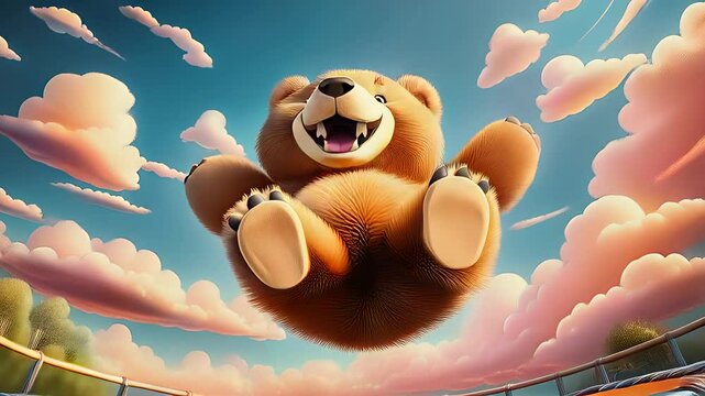 Cartoon bear enjoys bouncing high on a trampoline surrounded by pink clouds.