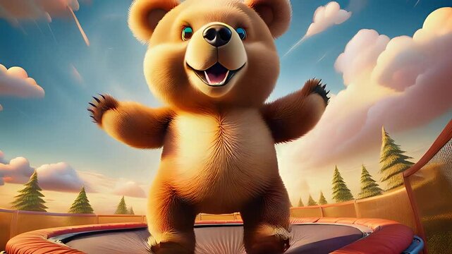 Playful bear enjoys bouncing high on a trampoline surrounded by fluffy clouds