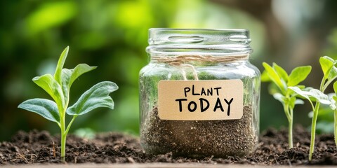 organic gardening, promoting sustainable agriculture with focused organic seeds and blurred garden soil and young plants in the background