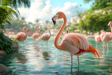 Fototapeta premium Pink Flamingo in Tropical Lagoon with Lush Greenery
