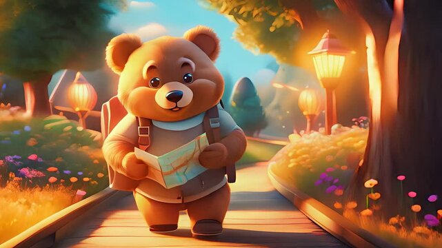 Join a lovable cartoon bear on an exciting adventure in a vibrant amusement park
