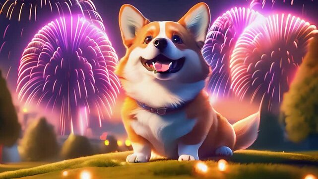 Bright fireworks light up the evening sky while corgi enjoy the view