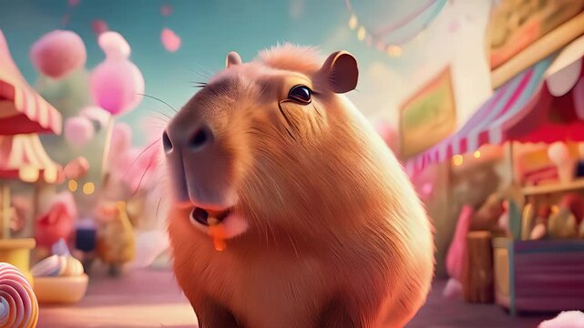 A cheerful capybara munches on fluffy cotton candy amidst colorful attractions and excitement.