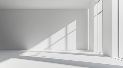 Fototapeta premium Minimalist interior space with sunlight streaming through window creating geometric shadow