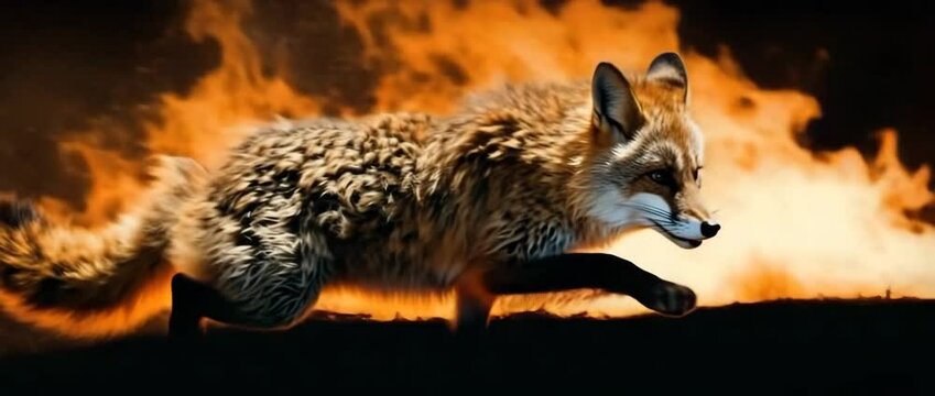 A fox running boldly through flames, showcasing resilience and survival instinct.