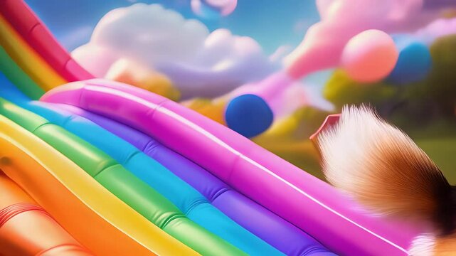 Delightful corgi enthusiastically glides down a colorful slide amidst joyful park vibes.