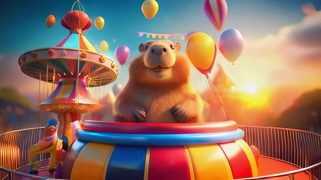 Enjoy a joyful scene as a cheerful capybara stands near vibrant balloons at a lively park.