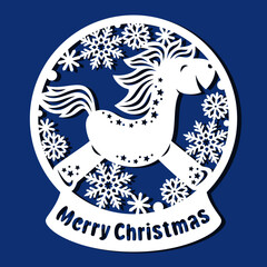 Snow globe with happy horse. Round Christmas decoration with laughing pony, snowflakes. Template for plotter laser cutting of paper, fretwork, wood carving, metal engraving, cnc. Vector illustration.