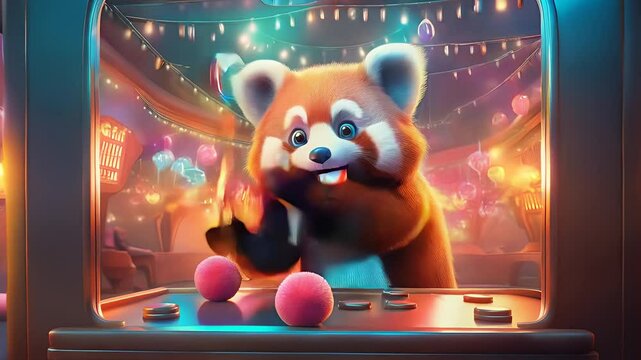 Experience thrilling attractions and endless laughter as red panda enjoying fun game at night.