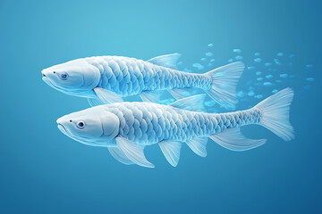 Fototapeta premium Two translucent fish swimming gracefully in a serene blue underwater environment, surrounded by small fish