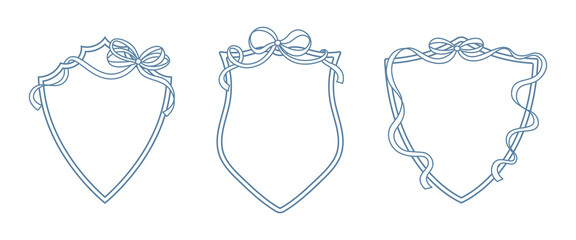 Wedding crests on white background. Minimalist outline of a shield with ribbon and bow monogram. Line art for wedding, monogram, invitation, greeting, logo, birthday cards