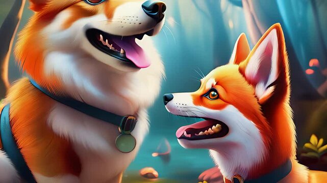 Cartoon characters, small fox and corgi amazed by magical forest