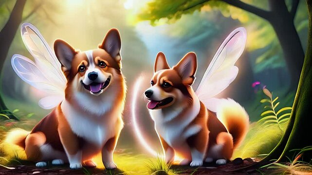Delight in the charm of playful corgis adorned with fairy wings in a whimsical outdoor setting.