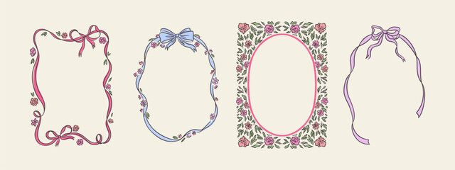 Set of spring whimsical hand-drawn pink blue orange green color frames with flowers and bows in trendy, vintage styles. Perfect for quirky holiday, wedding, birthday gift decorations.