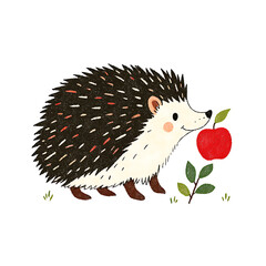 Cute hedgehog illustration carrying a bright red apple on a white background with sprig and grass accents.