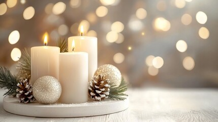 A beautiful white table decorated for the holiday season with candles and cheer.