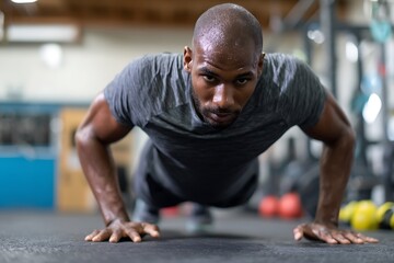 Gym Athlete Focused on Pushups for Fitness Training
