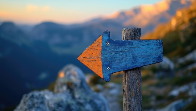 Mountain trail marker with sunset view.