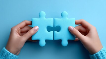 Two people holding a blue puzzle piece