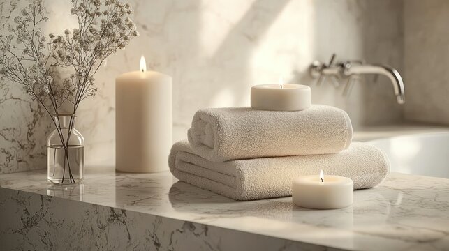 Serene spa scene with candles and towels