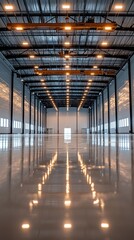 Large warehouse interior with shiny floors and overhead lights