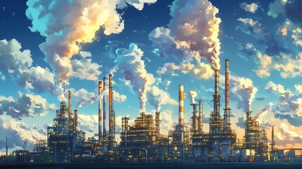  An industrial area with factories emitting greenhouse gases into the air