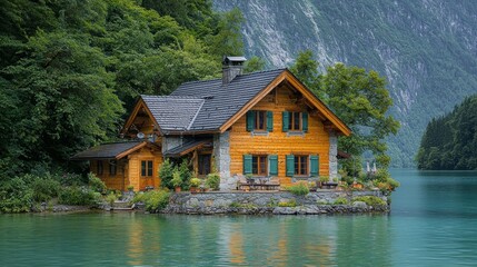Fototapeta premium Lakeside house among greenery with mountain backdrop