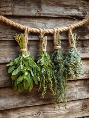 Fresh Herbs Drying on Rope Against a Sunlit Wooden Wall Providing a Rustic and Natural Display of Greenery