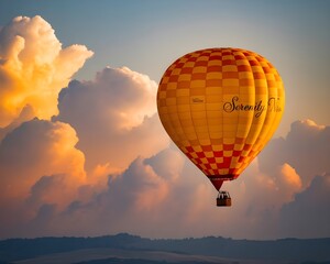 Drifting Through Sunlit Evening Clouds: A Serene Hot Air Balloon Journey Across a Vivid Sunset Sky of Warm Hues, Silhouetted Hills, and Dreamlike Light in a Peaceful Twilight Moment

