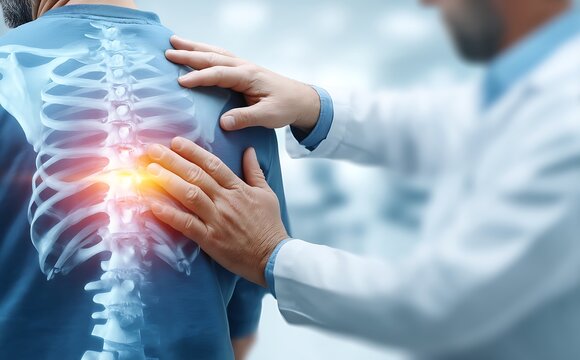 Doctor examining patient with back pain spinal injury Xray healthcare medical diagnosis treatment therapy