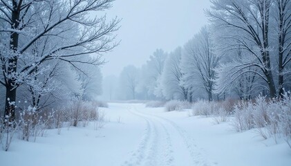 Obraz premium Cold, grey winter landscape with frost covering branches and ground , overcast, ice