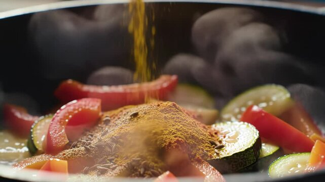 Spices Falling on Fresh Vegetables - Cooking Stock Footage for Food & Recipe Videos