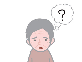 Illustration of a face of an elderly man with gray hair making a troubled face and a speech bubble