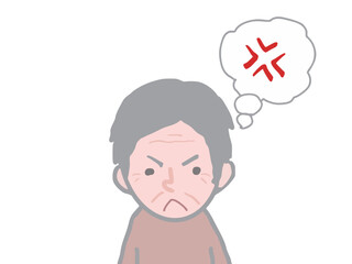 Illustration of a face of an elderly man with gray hair making a troubled face and a speech bubble