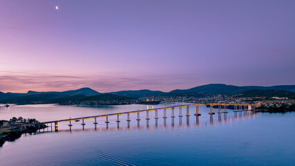 Golden Hour Aerial View of Tasman Bridge – Hobart, Tasmania, Australia © GEANPIERE