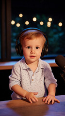 A baby sits at a table in an animation podcast studio, facing the camera and speaking into a microphone