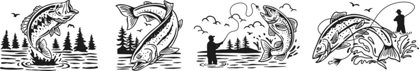 Hand-drawn fishing scene vector illustrations. Jumping bass, trout, angler casting rod.