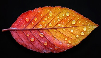 Close-up of autumn leaf with water droplets on veins, isolated on a black background. Ideal for nature, seasons, and organic themed designs.