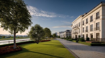 Elegant luxury riverside apartments with manicured lawn and tree-lined morning promenade