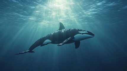 Fototapeta premium Orca Swimming Underwater Sunlight