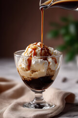 Gelato Affogato Served in Glass Cup with Espresso Pour, Hero Shot on Tan Linen and Marble Backdrop, Vertical Poster Design with Text Zone in Upper Third, Generated AI
