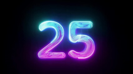 Neon glowing number 25 in vibrant blue and pink gradient on dark background for digital celebration theme