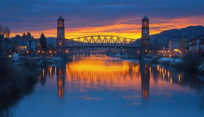 Obraz premium Iron bridge with towers spans a river at sunset with golden sky. Use this image for travel, architecture, or landscape themes.