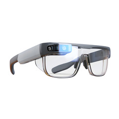 A close up shot of augmented reality glasses with a camera and a blue light on a black background