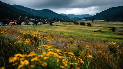 Fototapeta premium Landscape with Yellow Flowers, Town, and Mountains under Cloudy Sky